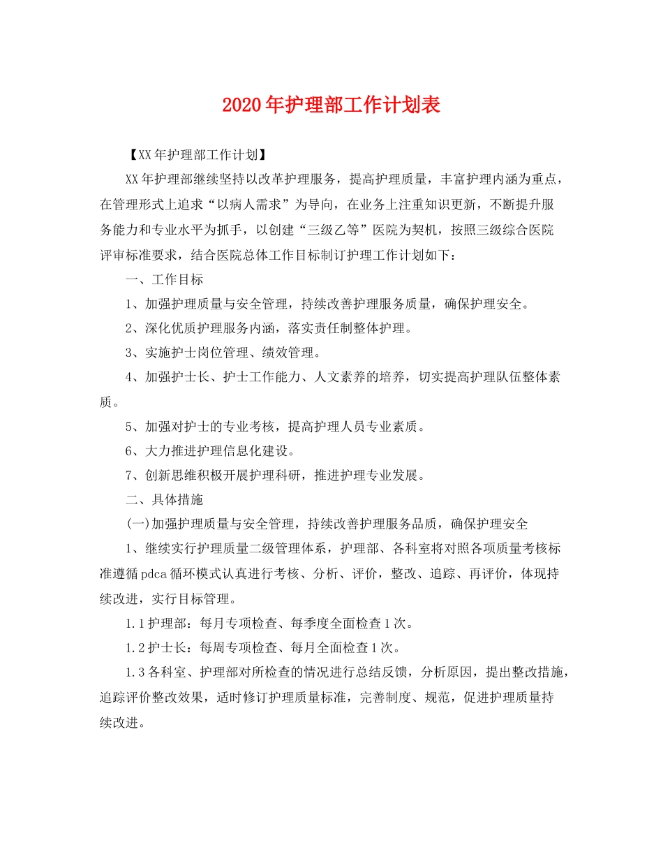 2020年护理部工作计划表 _第1页