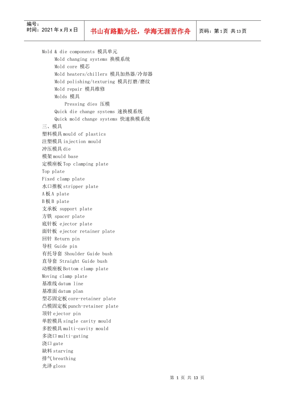 模具各零部件名称中英文对照_第1页