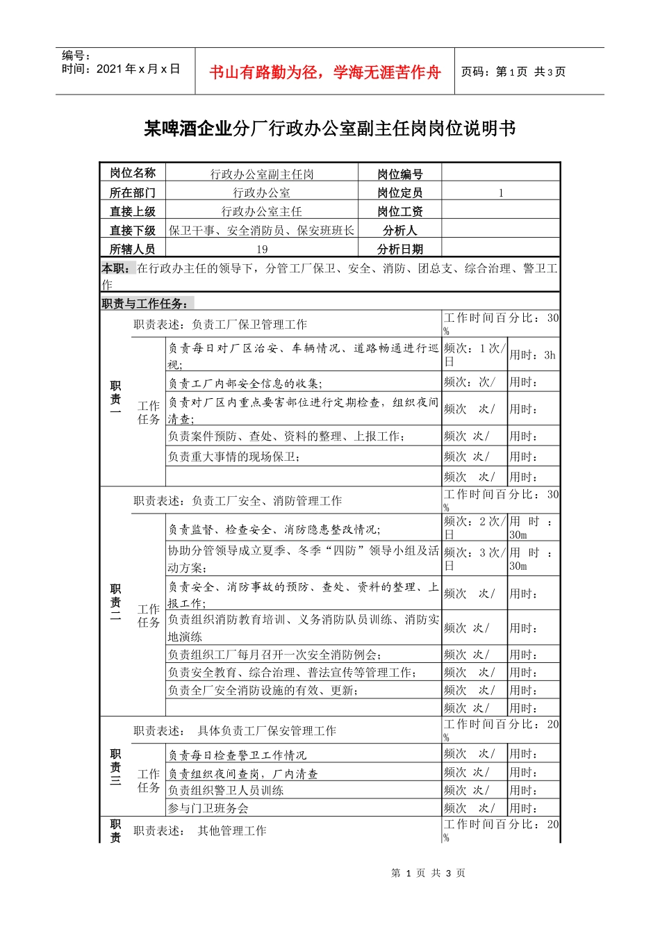 某啤酒企业分厂行政办公室副主任岗岗位说明书_第1页