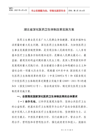 湖北省深化医药卫生体制改革实施方案