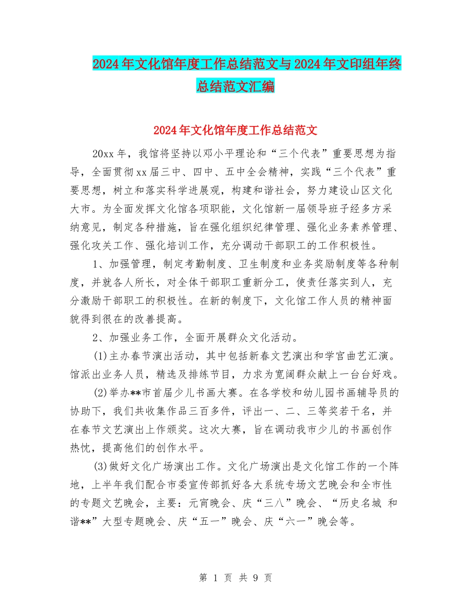 2024年文化馆年度工作总结范文与2024年文印组年终总结范文汇编_第1页