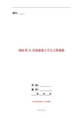 2024年11月企业电工个人工作总结