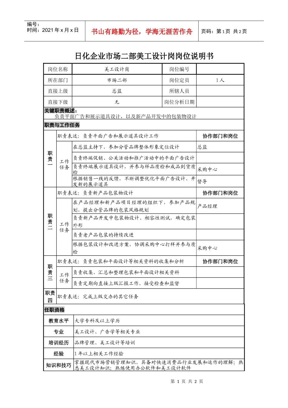 日化企业市场二部美工设计岗岗位说明书_第1页