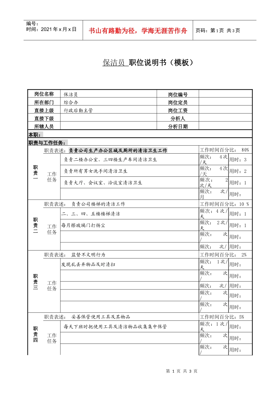 某服装生产企业保洁员职位说明书_第1页