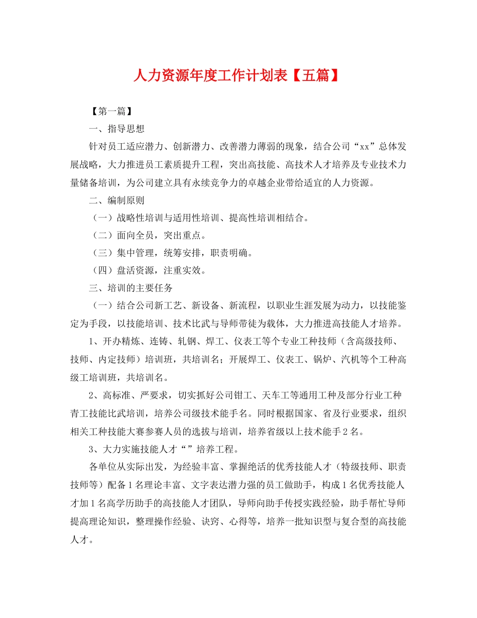 人力资源2020年度工作计划表【五篇】 _第1页