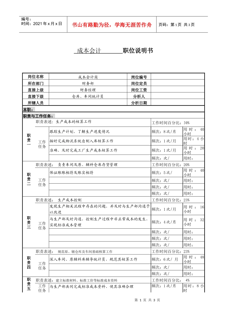 某服装生产企业成本会计职位说明书_第1页