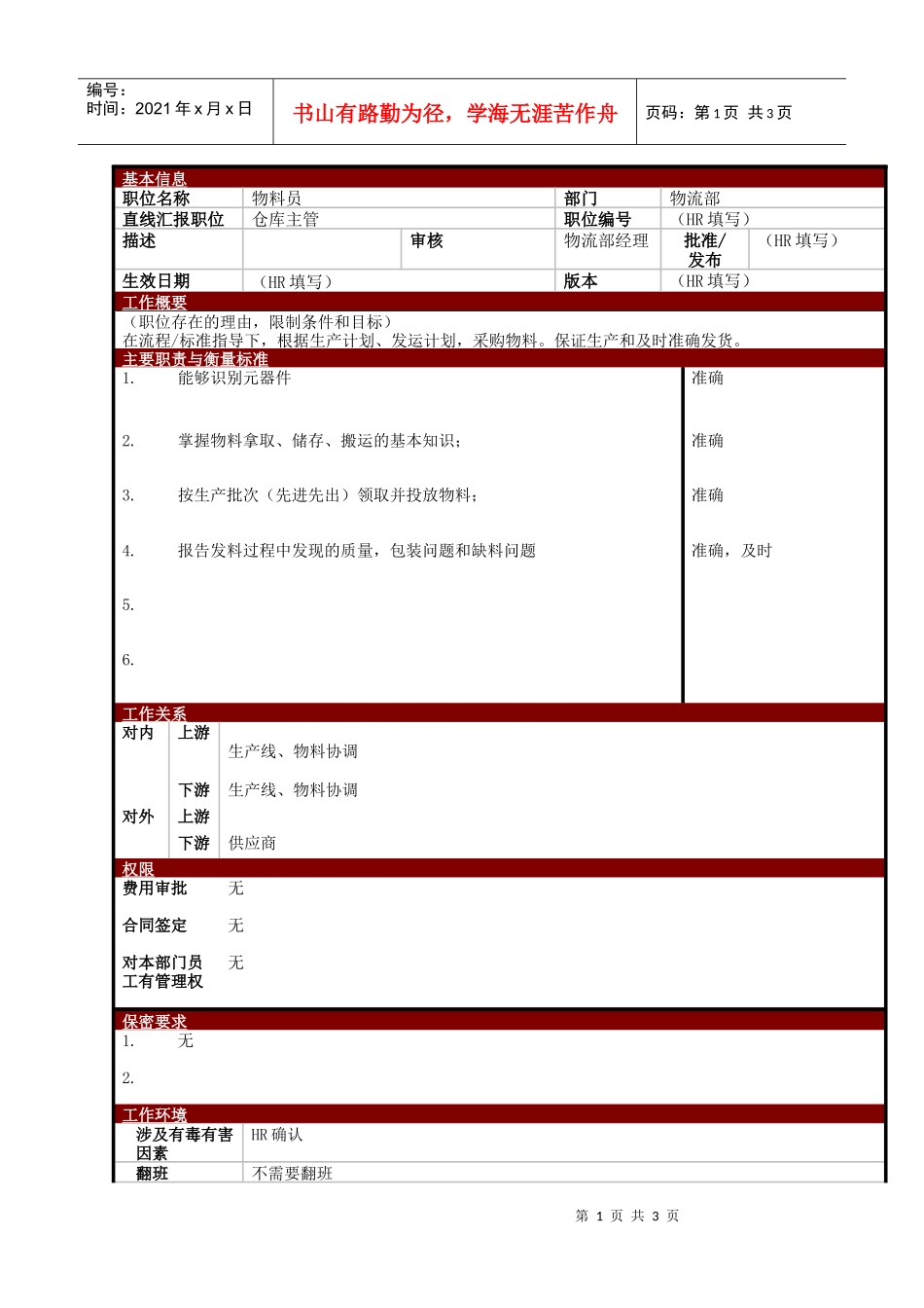 某大型电子公司物流部物料员职位说明书_第1页