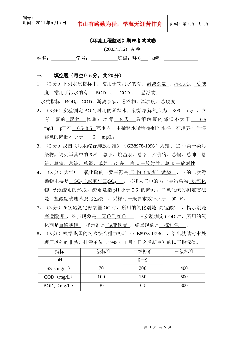 环境工程监测期末考试试卷_第1页