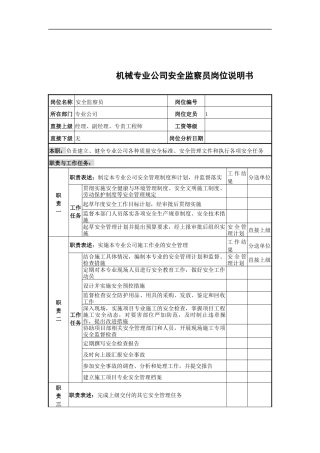 机械专业公司安全监察员岗位说明书