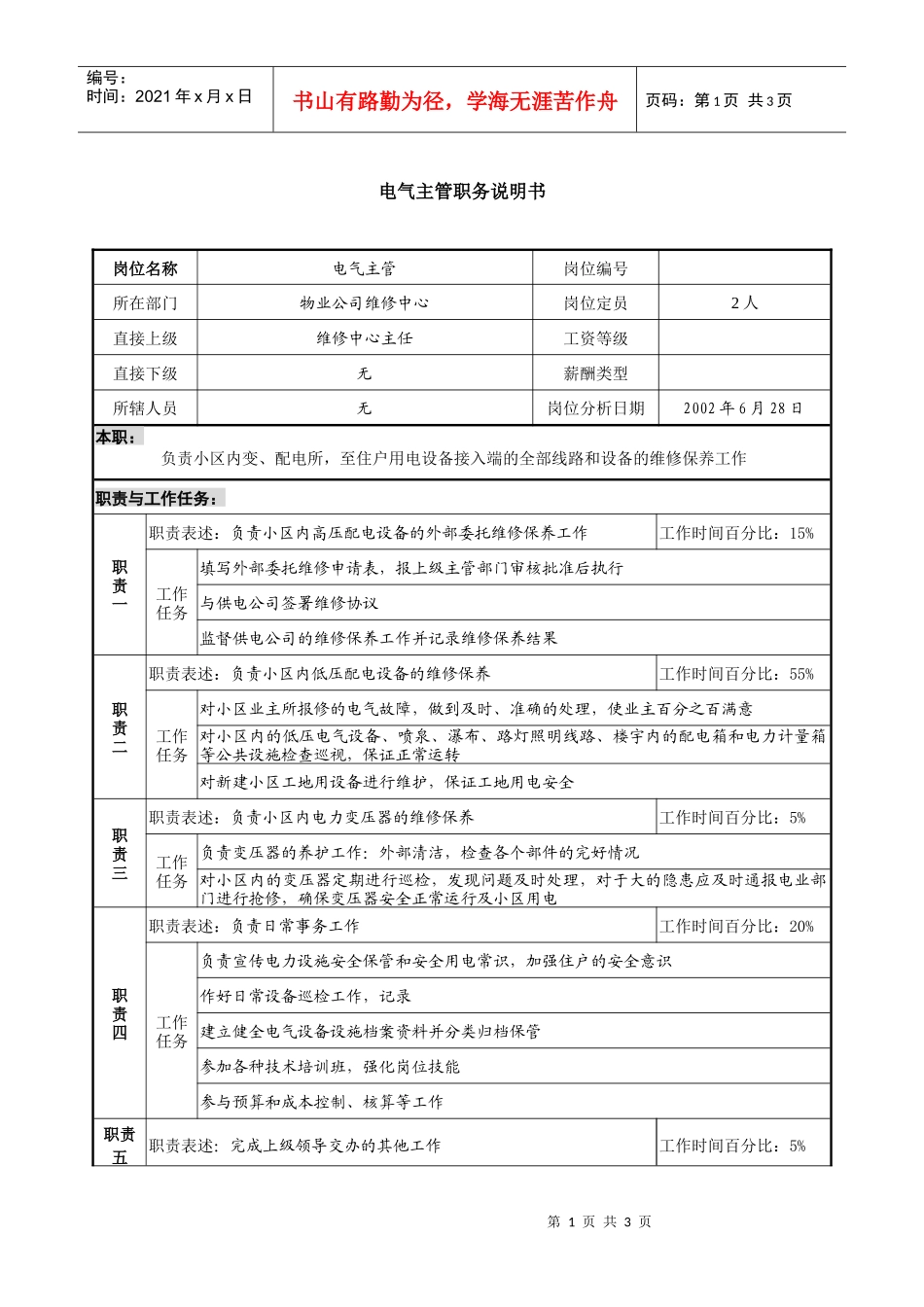 物业公司电气主管职务说明书_第1页