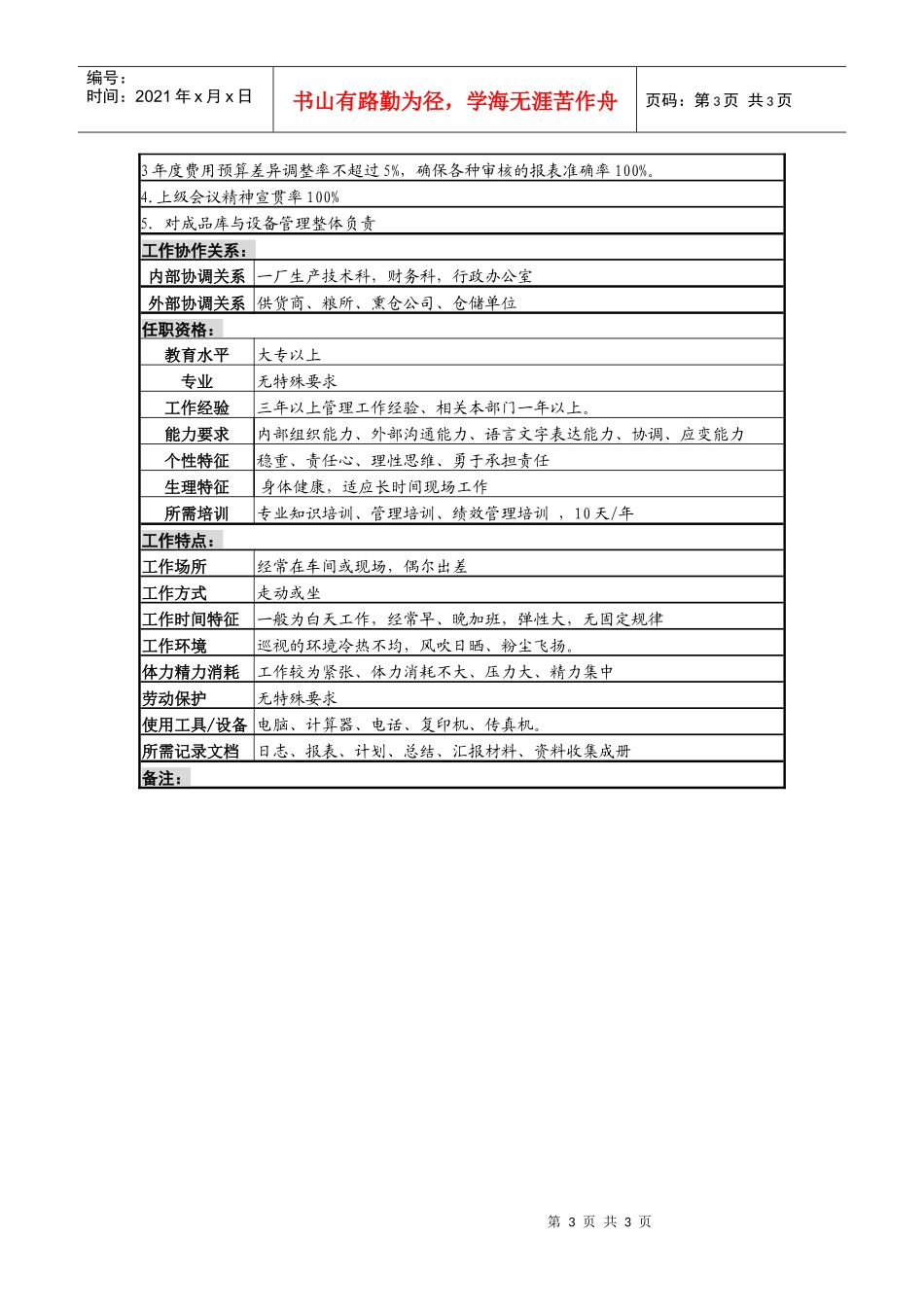 某啤酒企业物资设备科科长岗岗位说明书_第3页