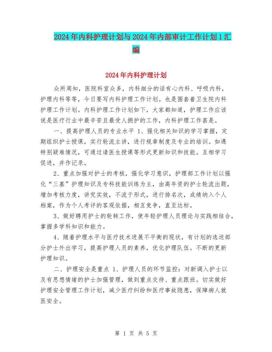 2024年内科护理计划与2024年内部审计工作计划1汇编_第1页