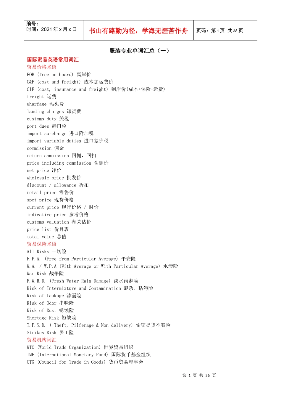 服装英语：服装专业单词汇总1_第1页