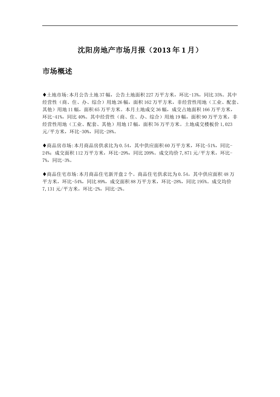 沈阳市房地产市场月报-XXXX年1月_第1页
