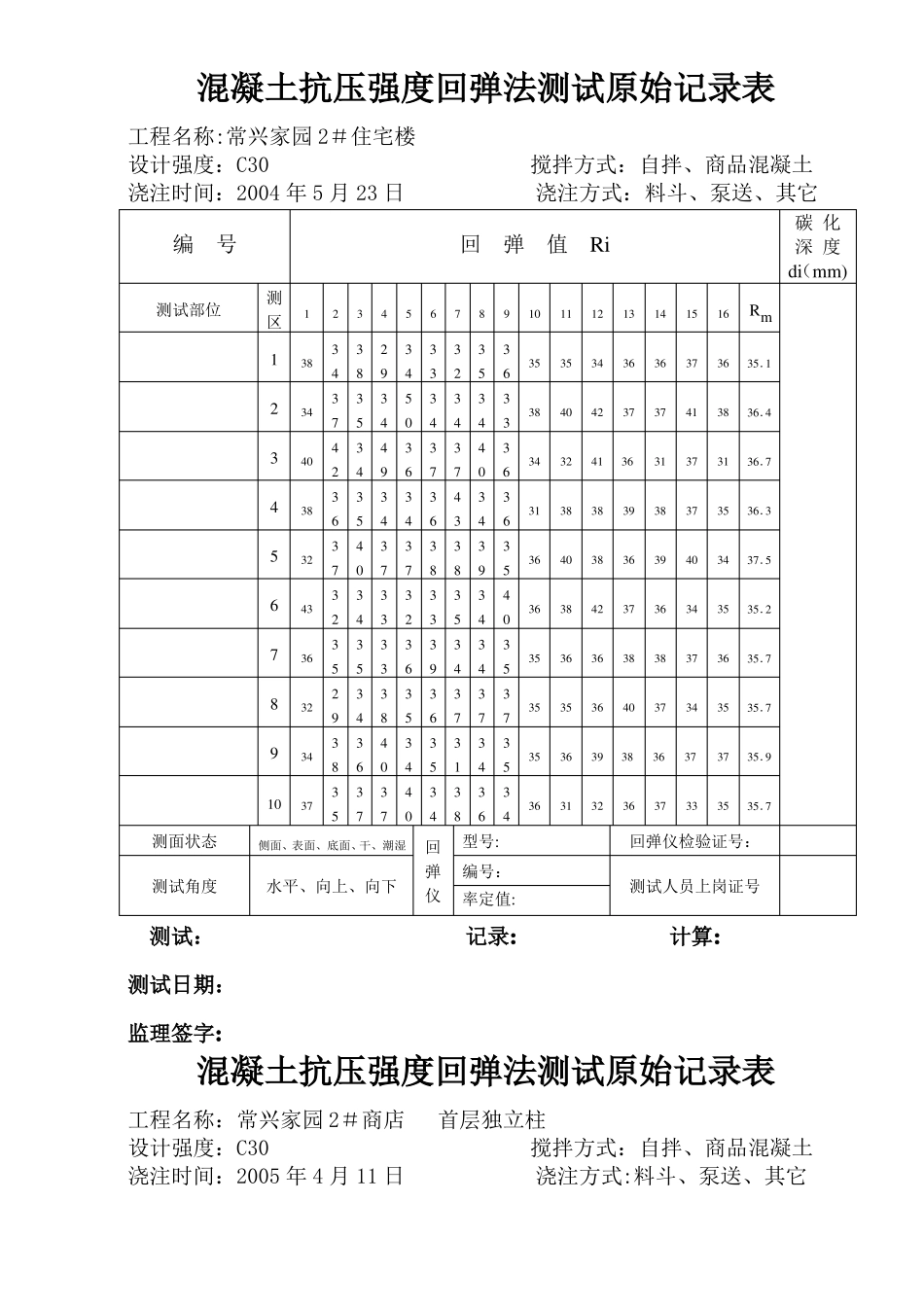 混凝土抗压强度回弹法测试原始记录表_第1页