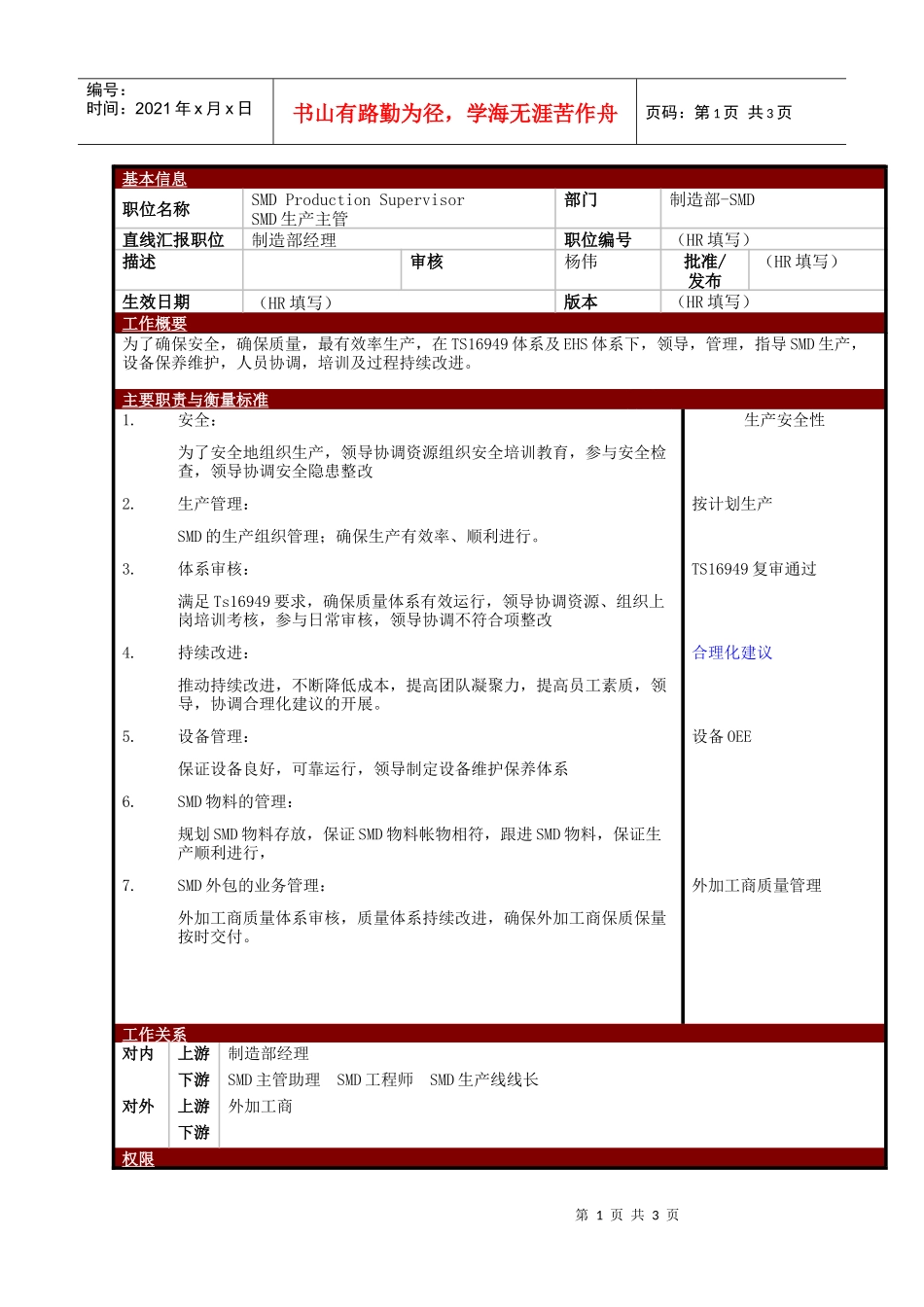 某大型电子公司制造部生产主管职位说明书_第1页