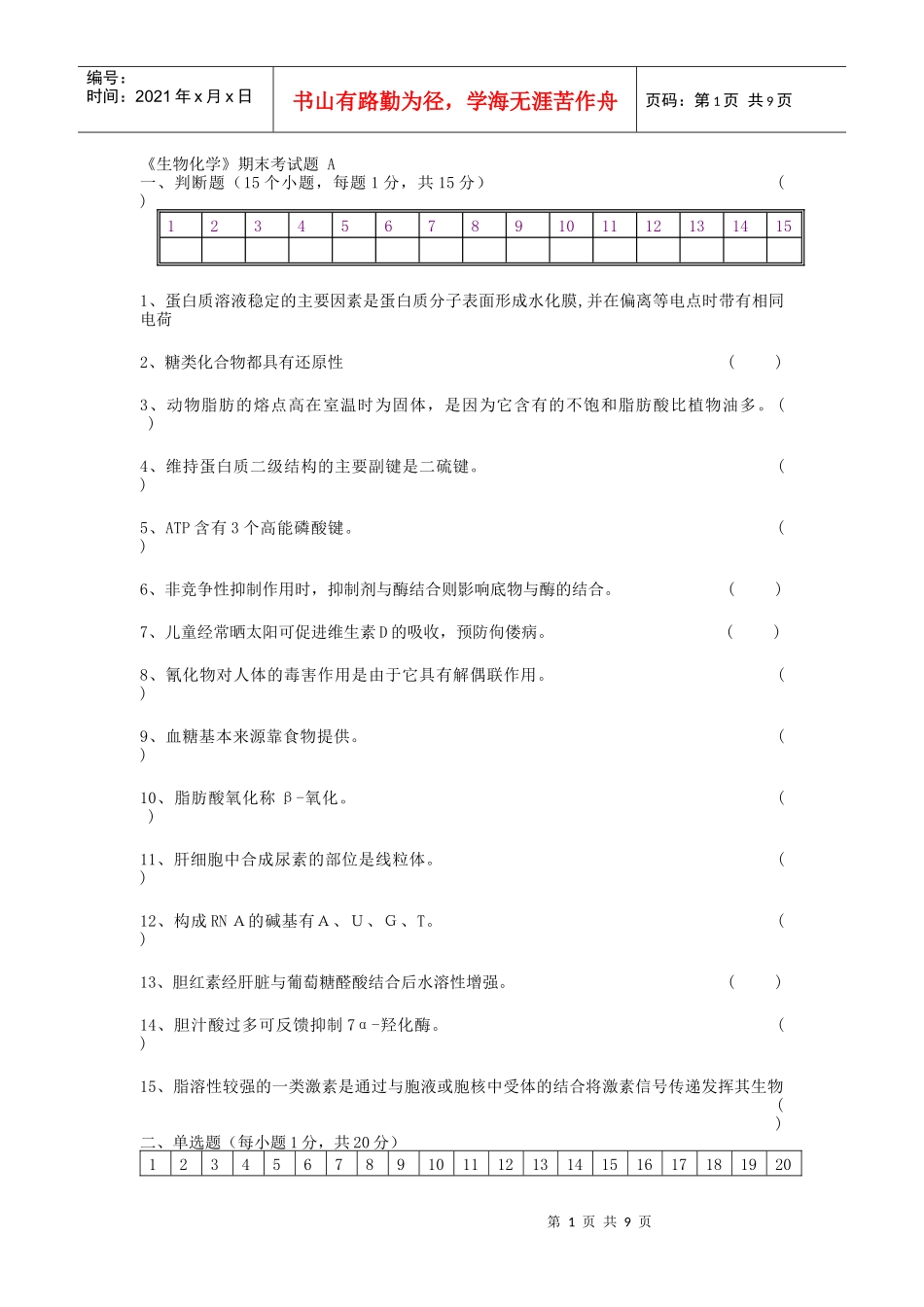 生物化学期末考试试题及答案 别人给我的复习资料_第1页