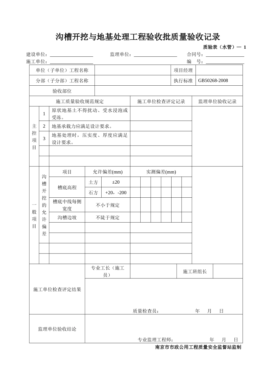 沟槽开挖与地基处理工程验收批质量验收记录_第1页
