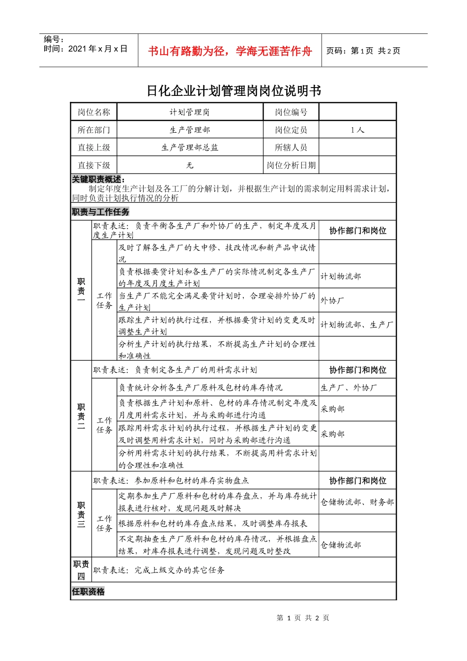 日化企业计划管理岗岗位说明书._第1页