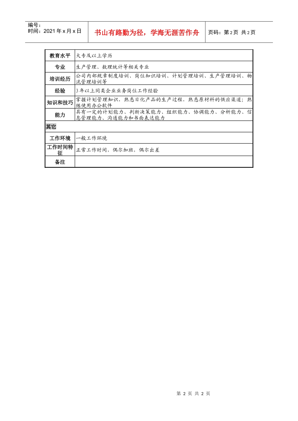 日化企业计划管理岗岗位说明书._第2页