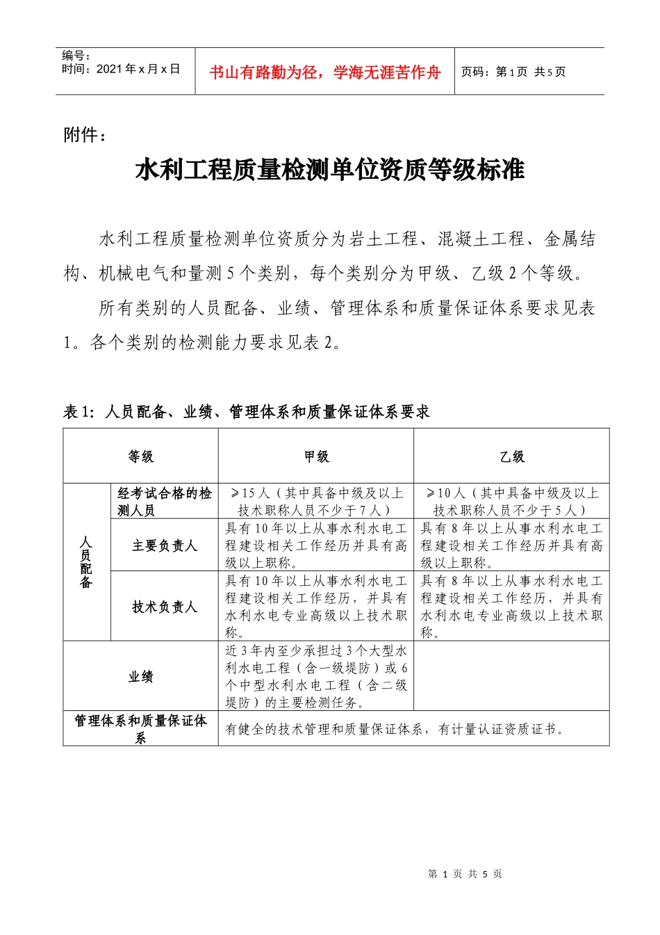 水利工程质量检测单位资质等级标准-附件1：_第1页