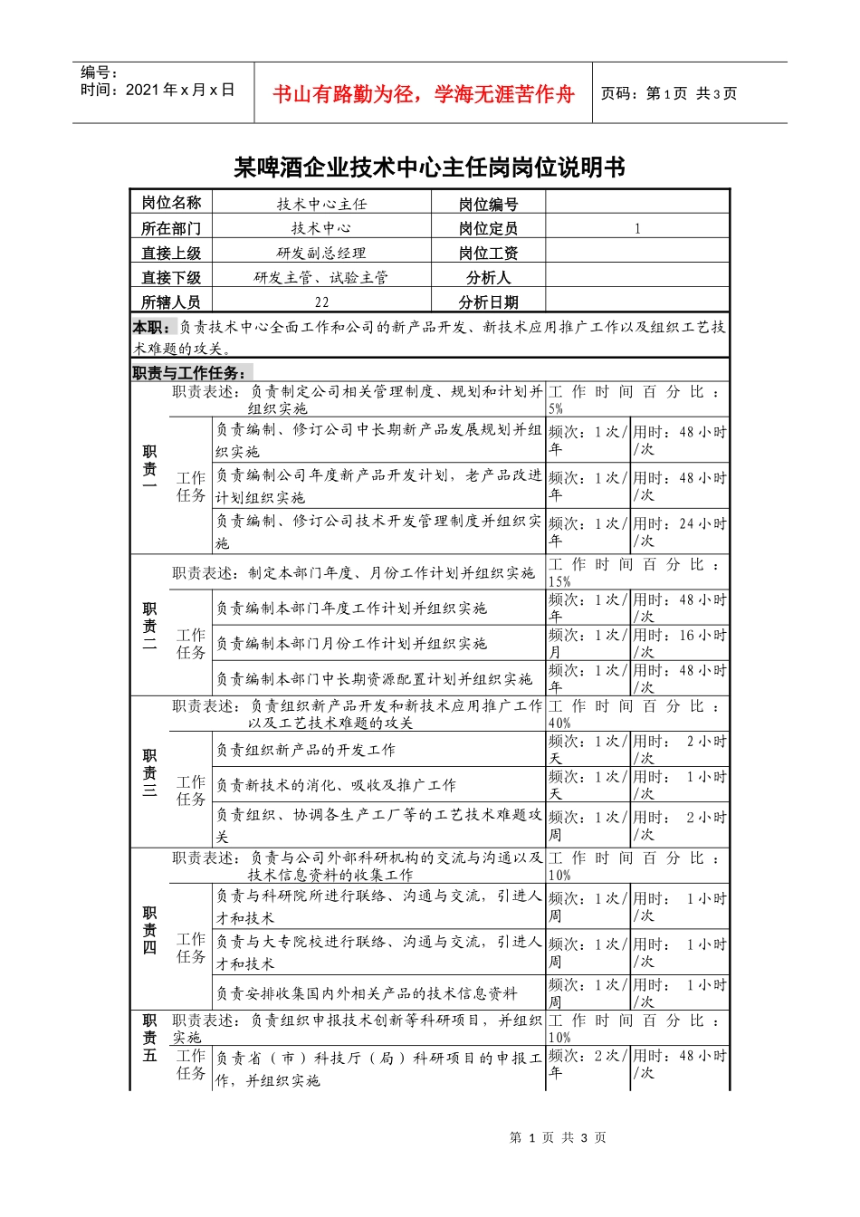 某啤酒企业技术中心主任岗岗位说明书_第1页