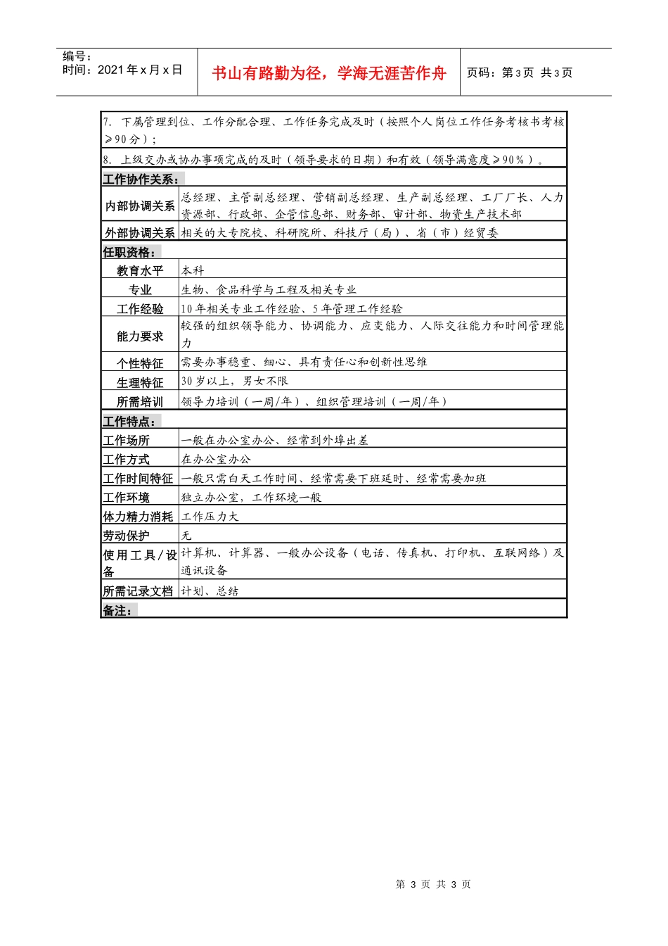 某啤酒企业技术中心主任岗岗位说明书_第3页