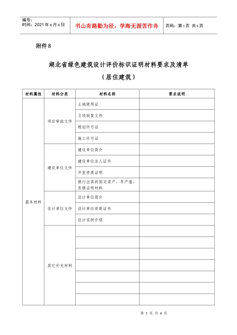 湖北省绿色建筑设计评价标识证明材料要求及清单(居住建筑)_第1页