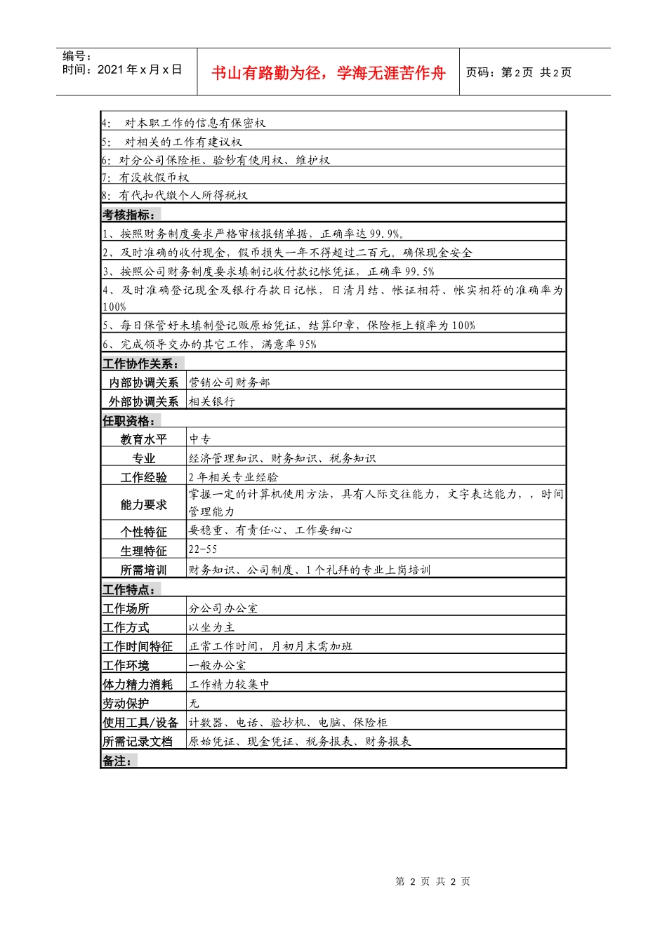 某啤酒企业营销分公司出纳岗位说明书_第2页