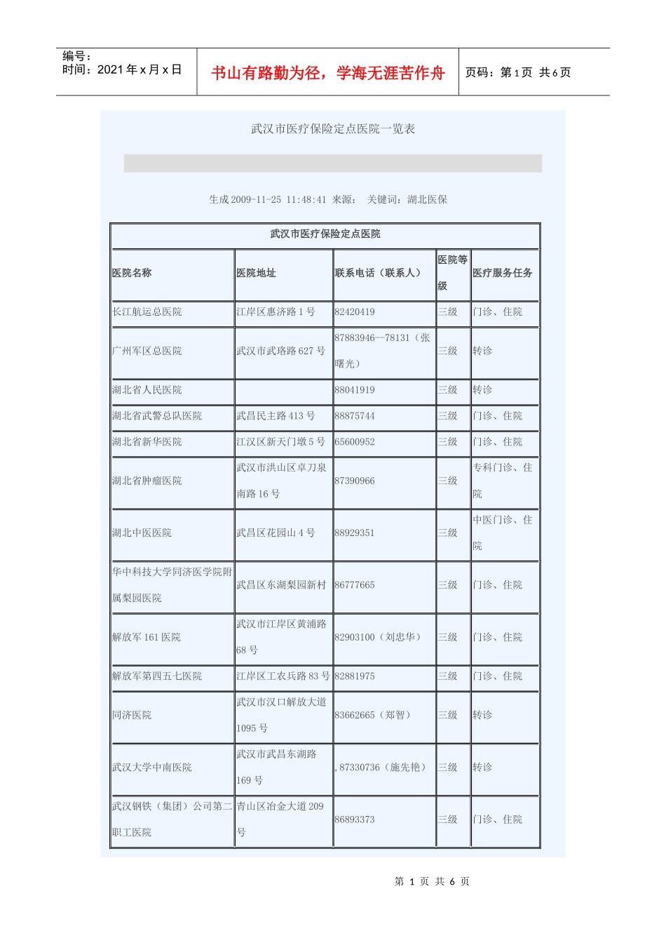武汉市医疗保险定点医院一览表汇编_第1页