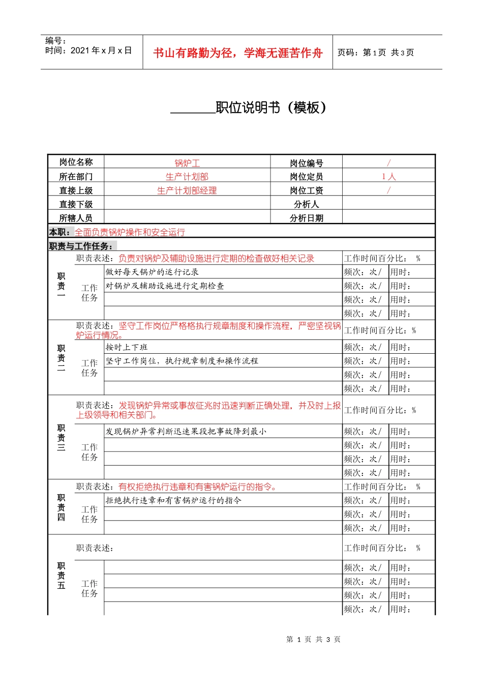 某服装生产企业生产部锅炉工职位说明书_第1页