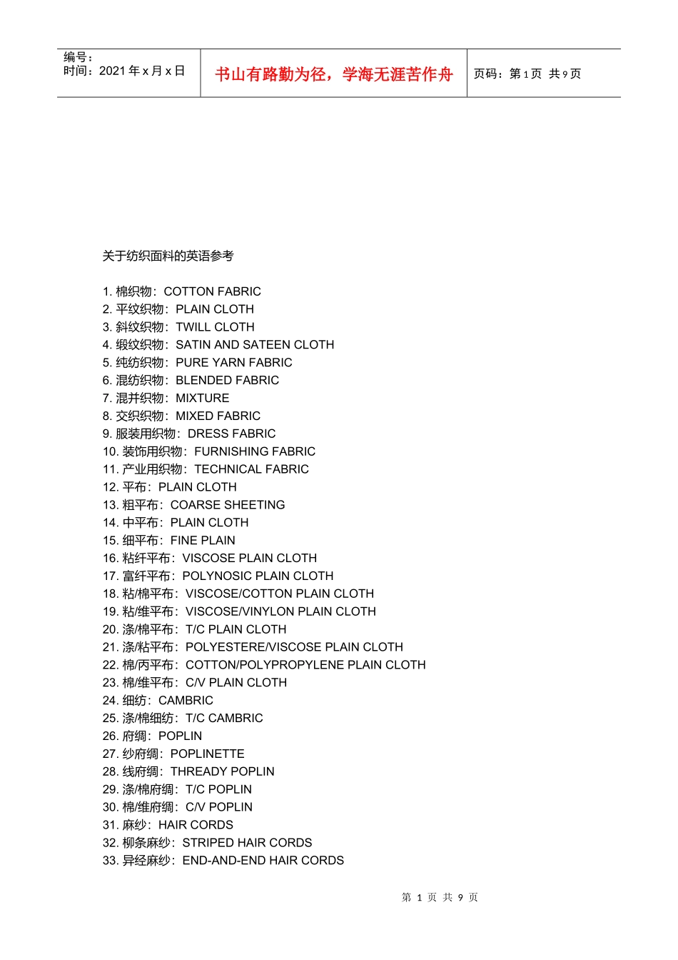有关纺织面料的英语参考_第1页