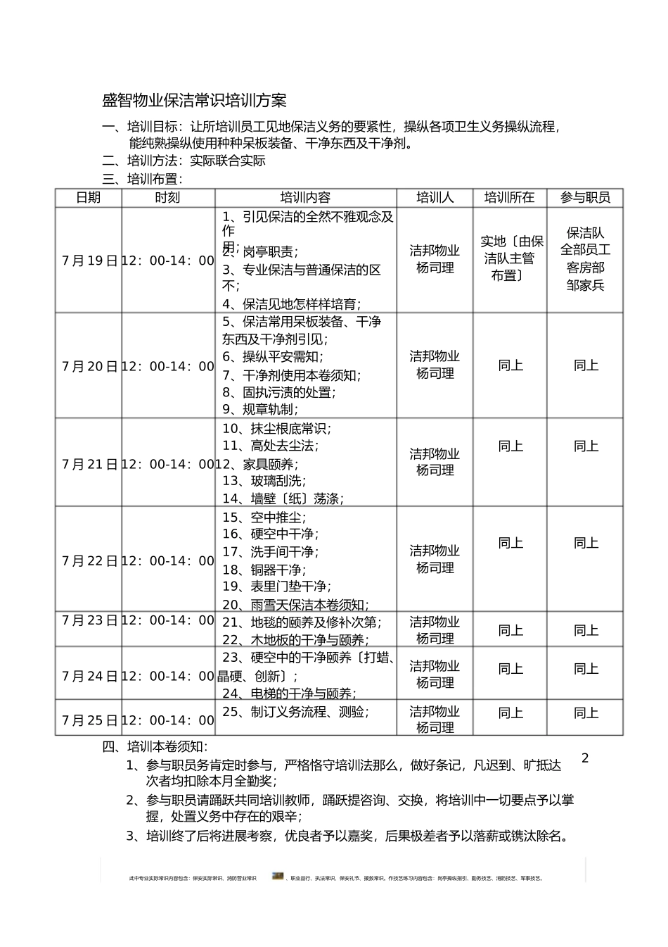 物业保洁知识培训计划表_第1页