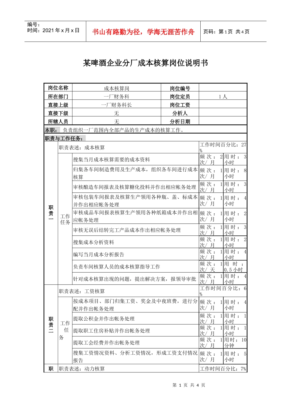 某啤酒企业分厂成本核算岗位说明书_第1页