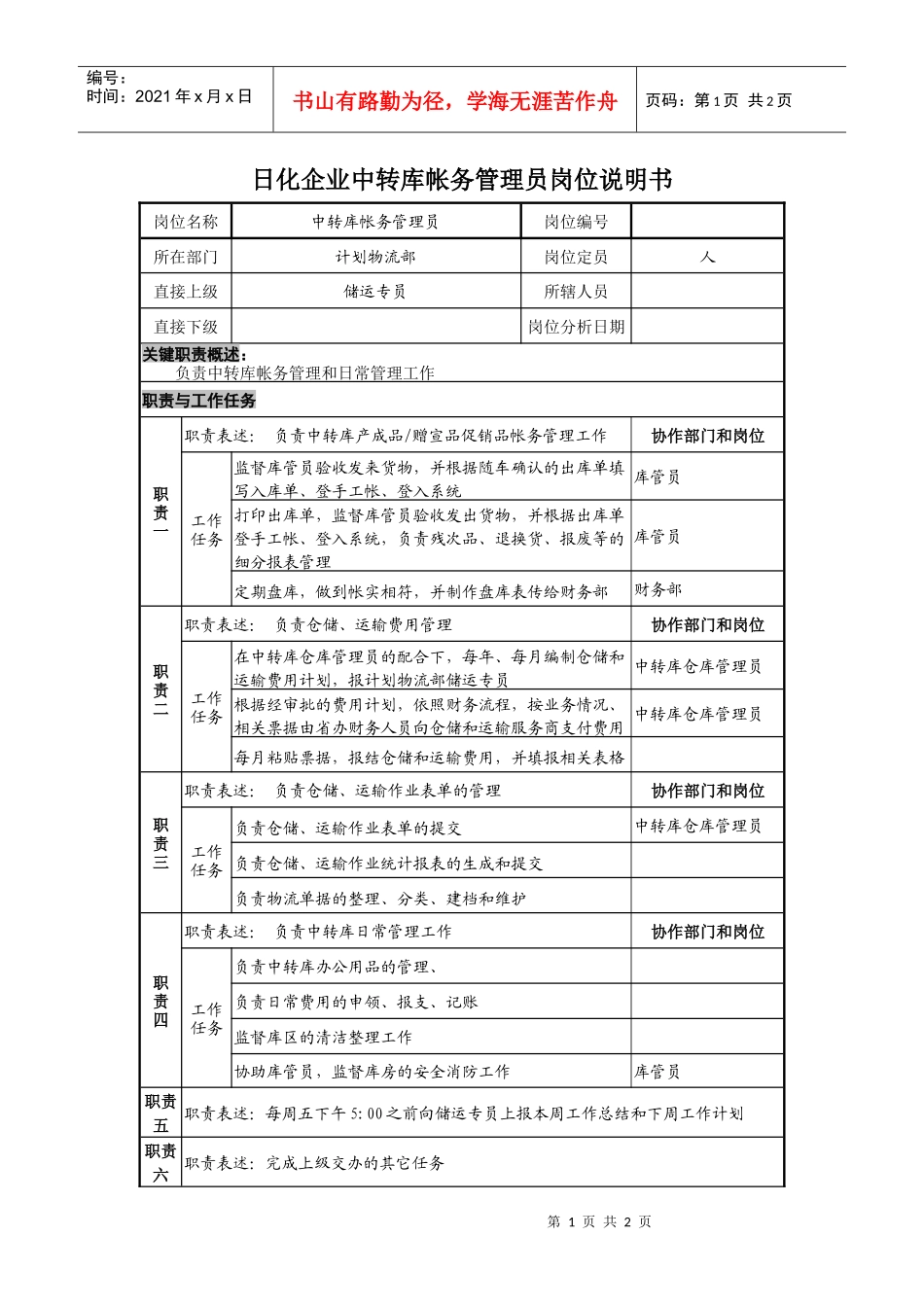 日化企业中转库帐务管理员岗位说明书_第1页