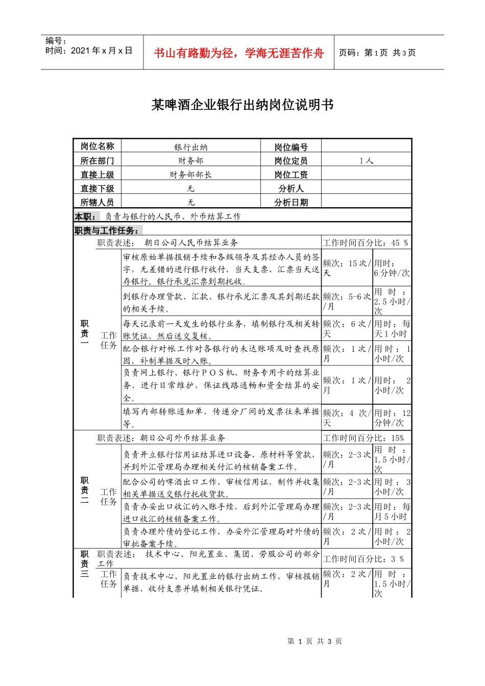 某啤酒企业银行出纳岗位说明书_第1页