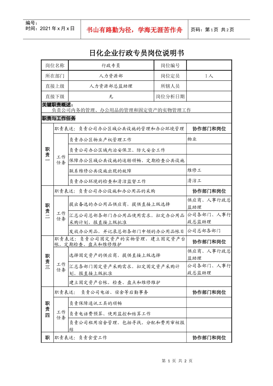 日化企业行政专员岗位说明_第1页