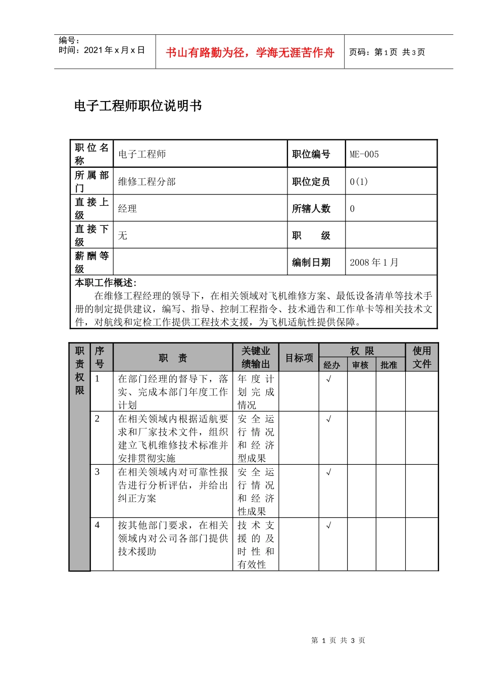某航空物流公司电子工程师职位说明书及关键绩效标准_第1页
