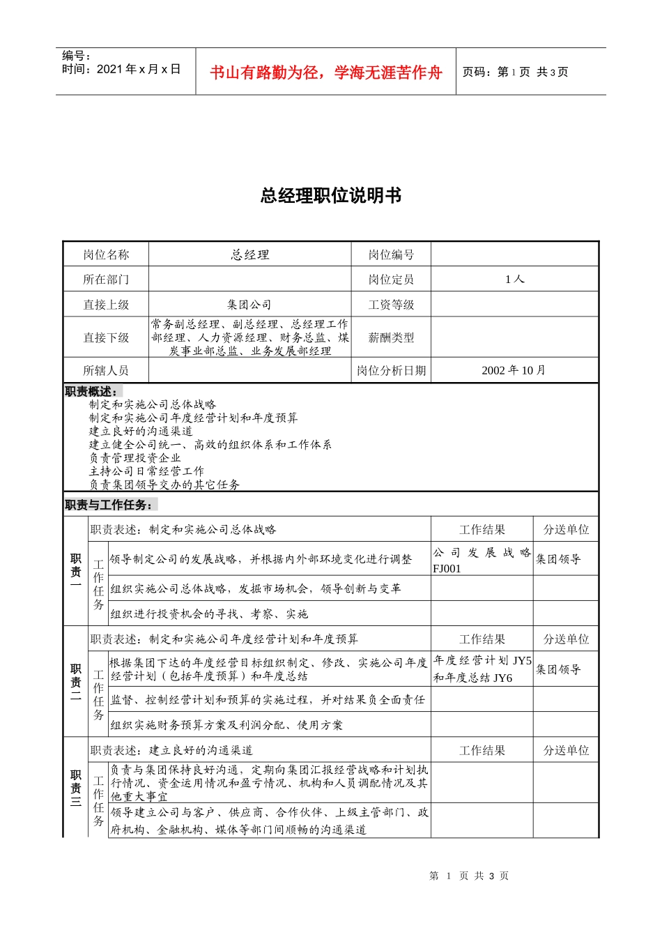 煤炭行业-集团公司总经理岗位说明书_第1页