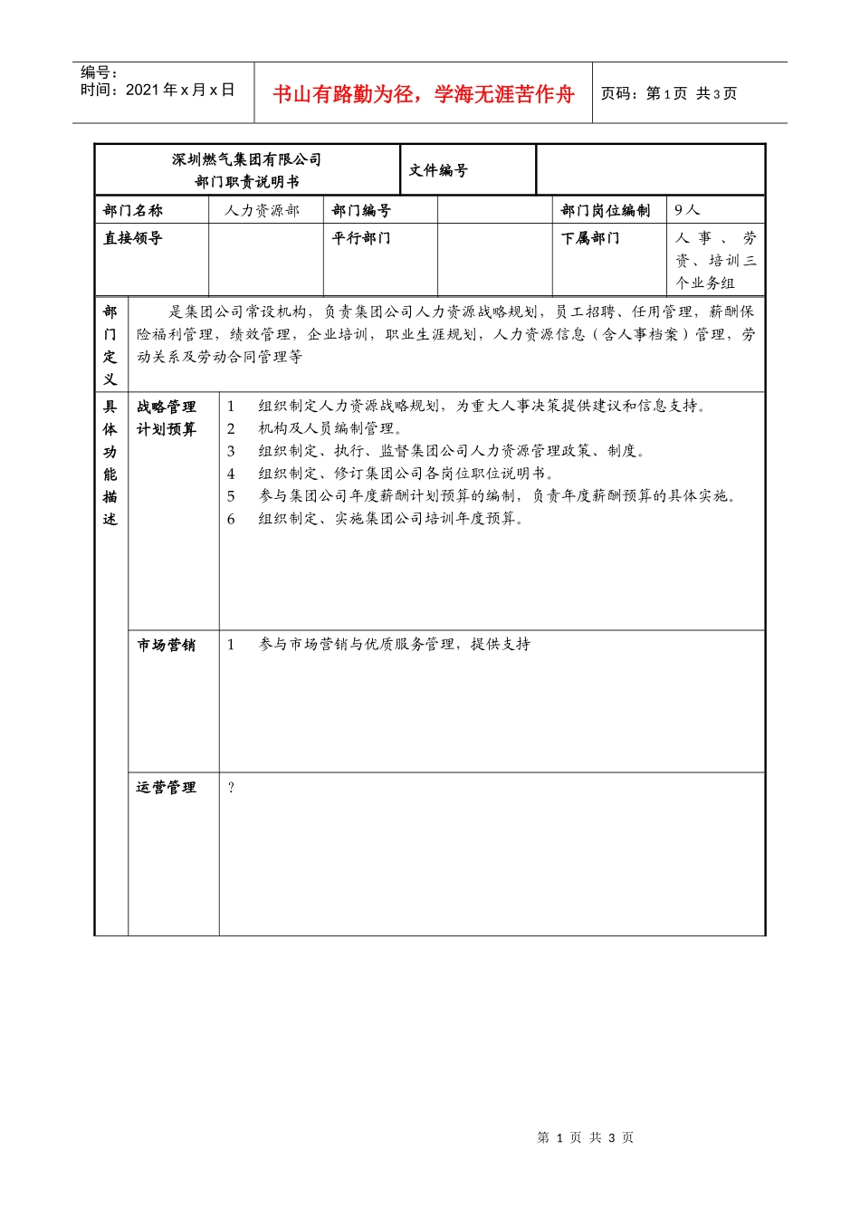 某燃气集团人力资源部职责说明书_第1页