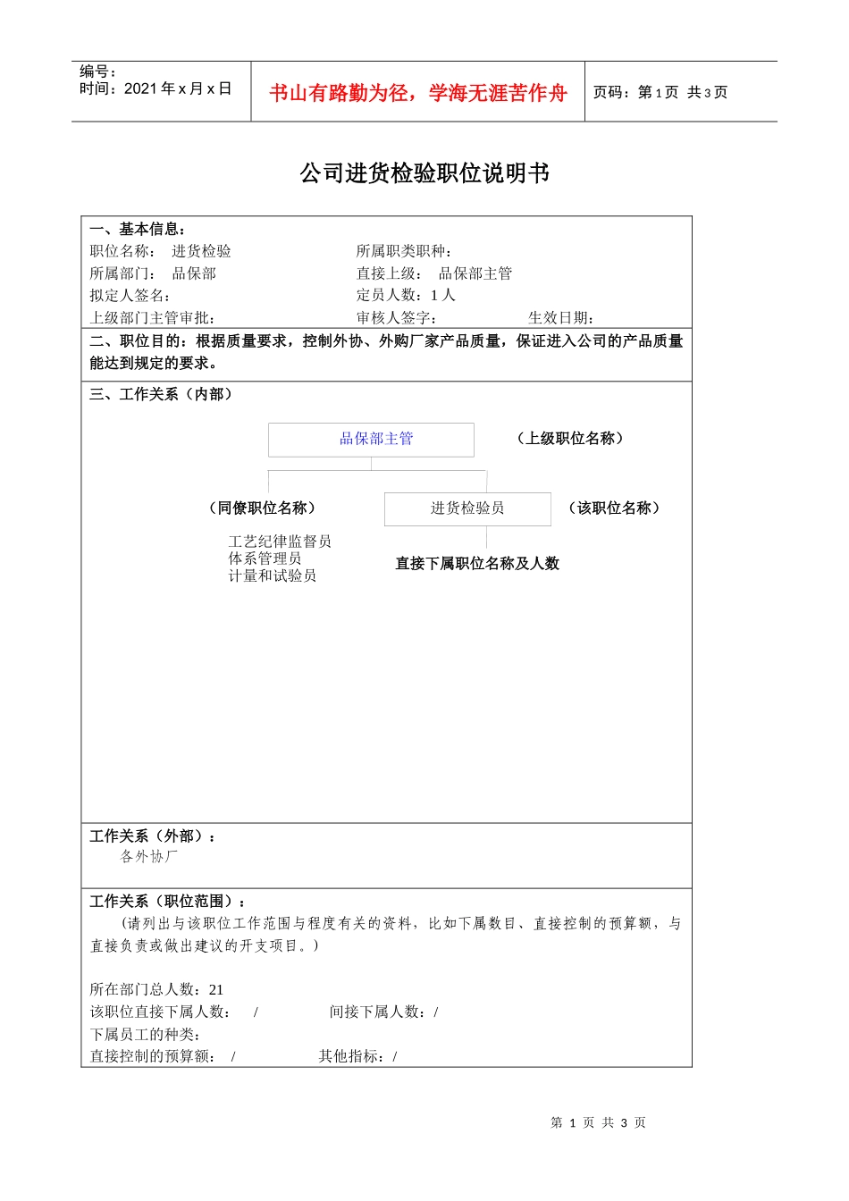 某大型汽车零部件公司品保部进货检验职位说明书_第1页