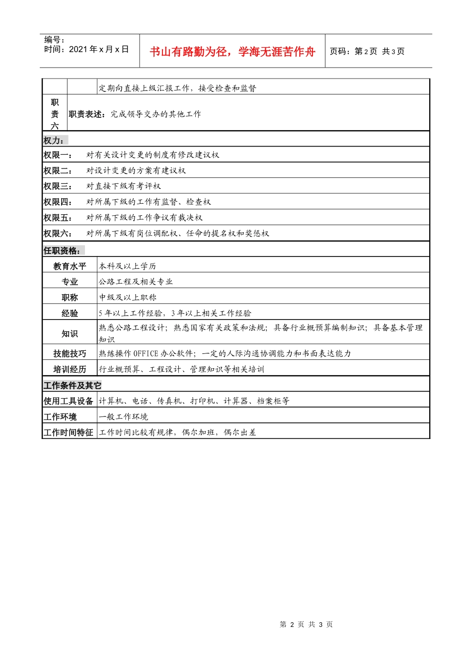 某高速公路公司工程设计变更副经理岗位说明书_第2页