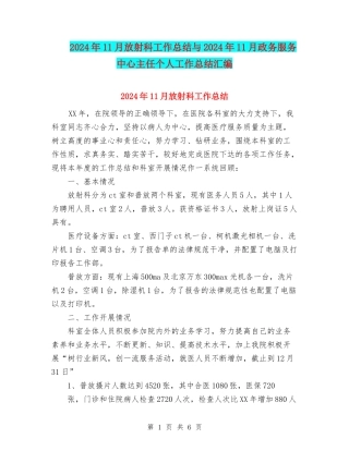 2024年11月放射科工作总结与2024年11月政务服务中心主任个人工作总结汇编