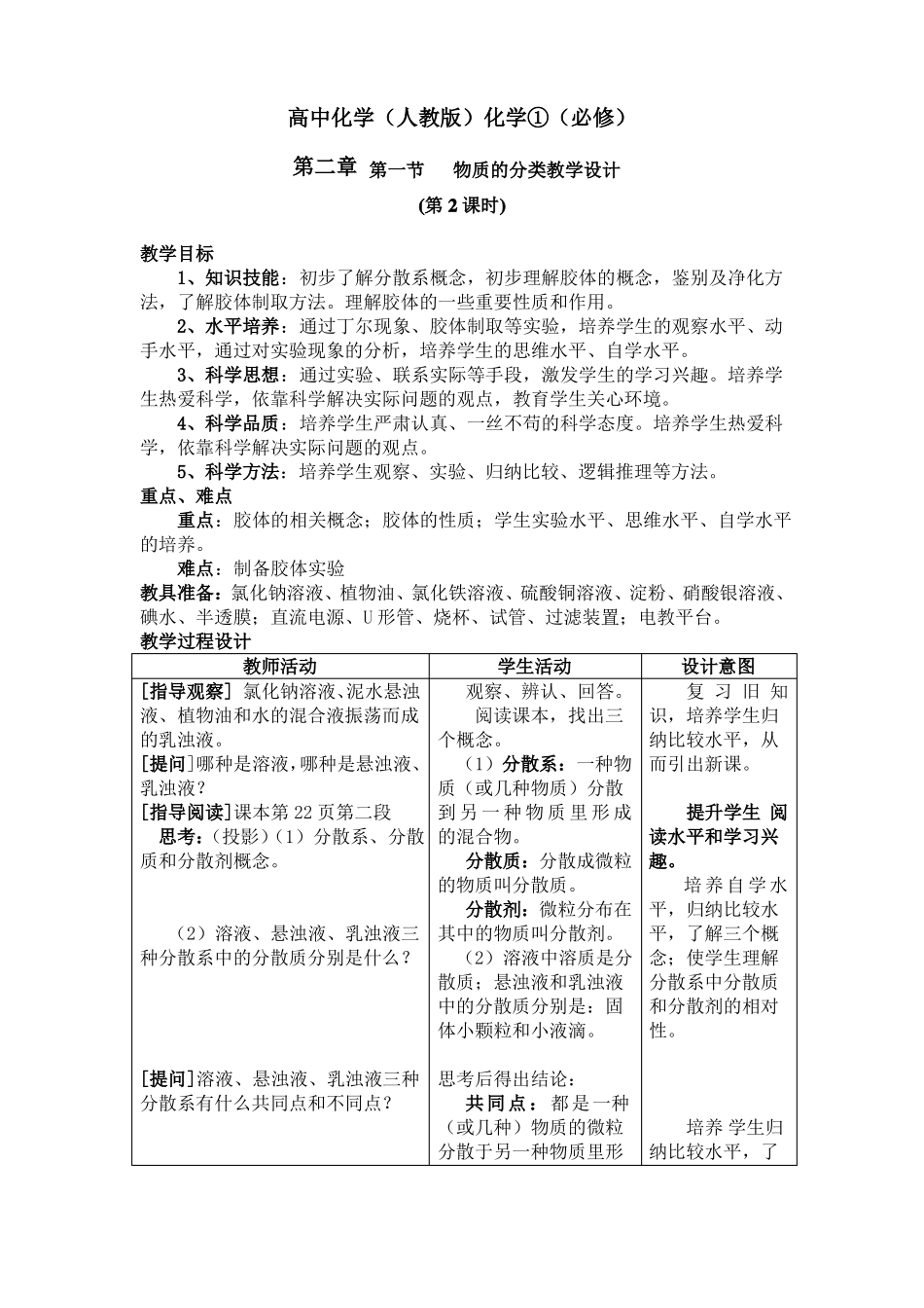 人教版化学必修1物质的分类教案_第1页