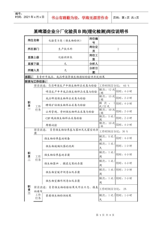 某啤酒企业分厂化验员b岗(理化检测)岗位说明书