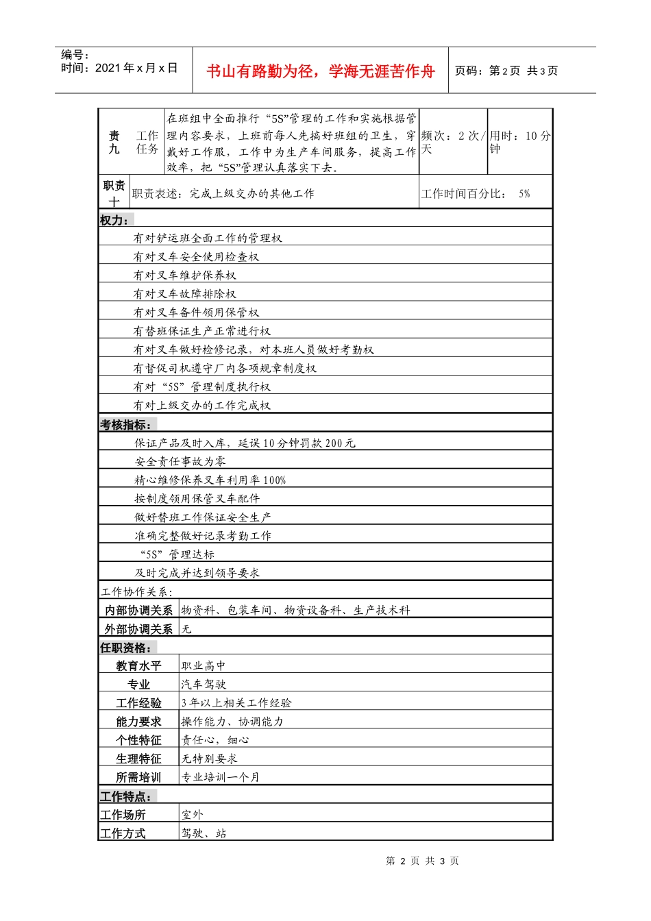某啤酒企业铲车司机岗岗位说明书_第2页