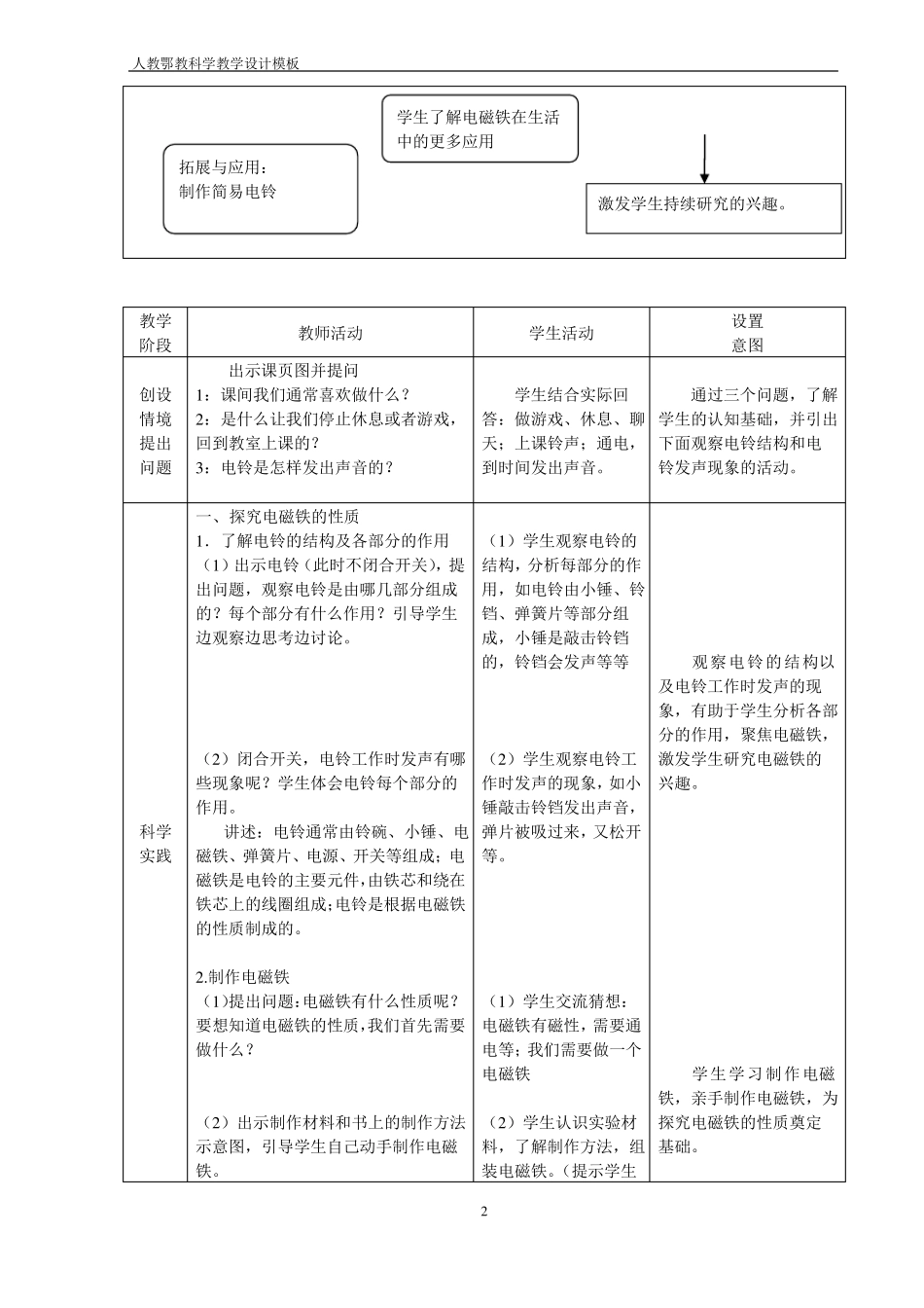 人教版鄂教版小学科学五年级下册电铃的能量及转化教学设计_第2页