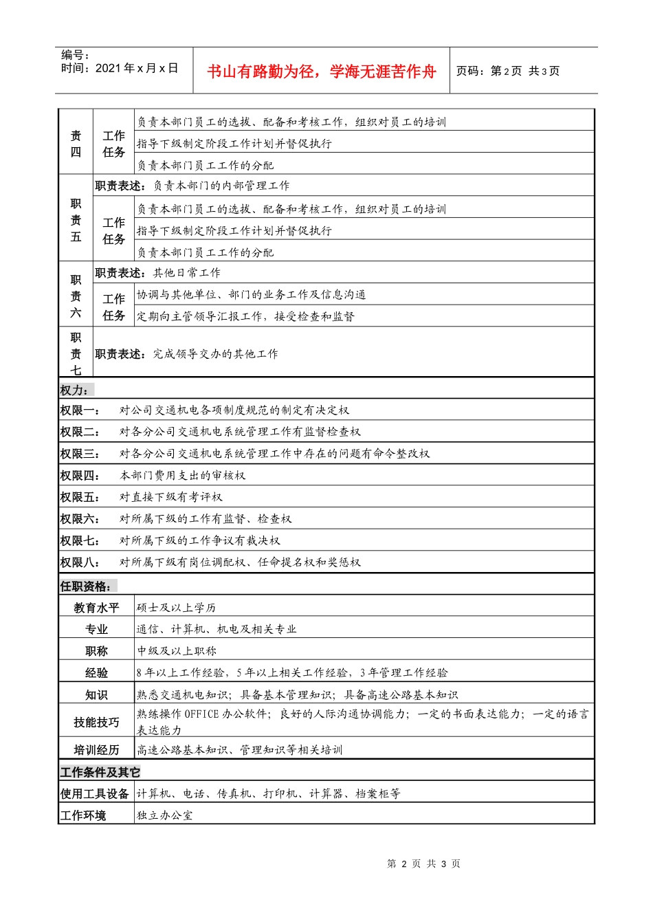 某高速公路公司交通机电运营维护中心主任岗位说明书_第2页