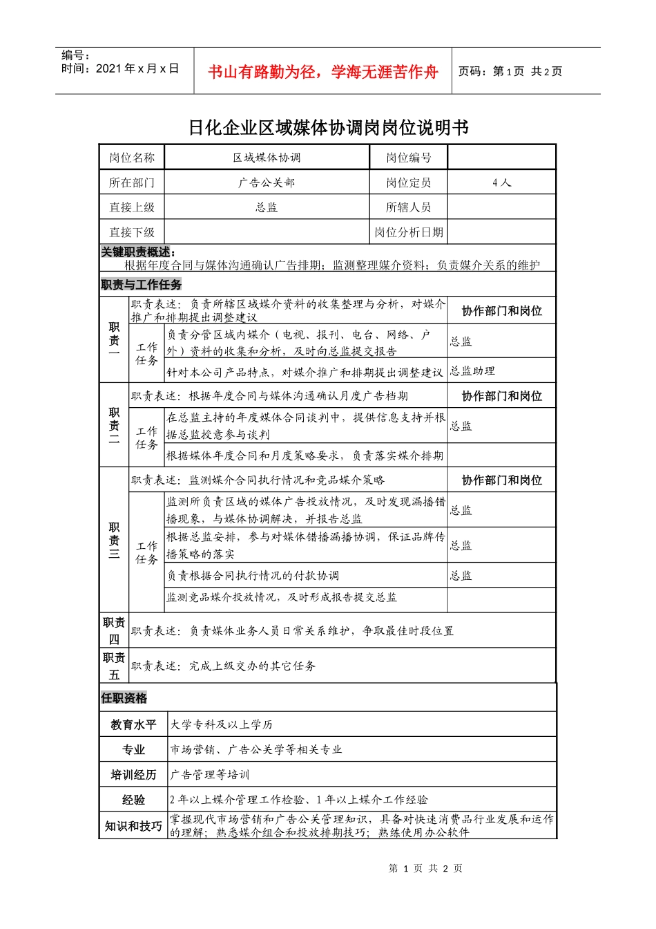 日化企业区域媒体协调岗岗位说明书_第1页