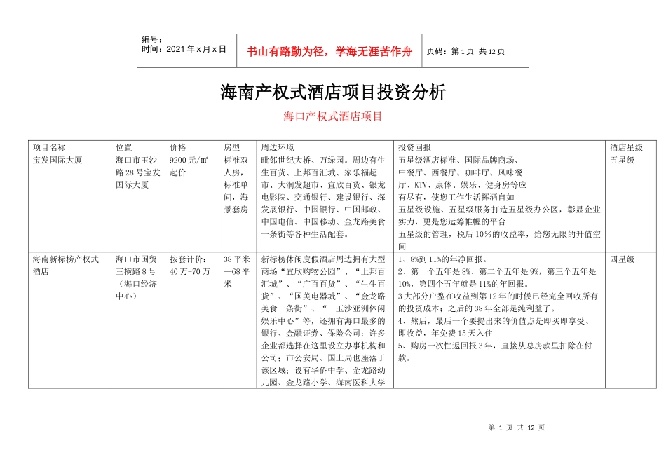 海南产权式酒店项目投资分析_第1页